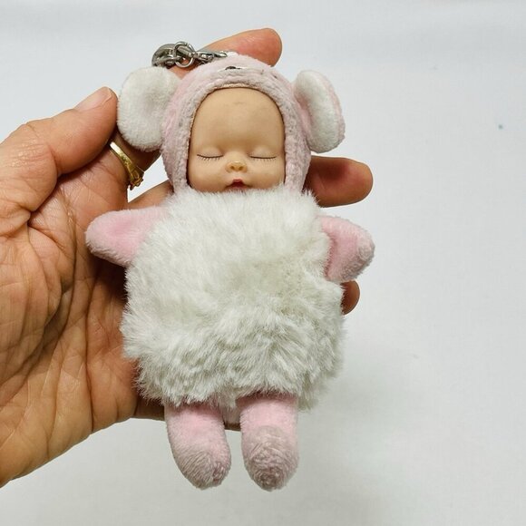 Sleep Baby Bedtime Doll Plush Keyring Keychain Newborn Bear Animal Fluffy Outfit - Picture 1 of 12